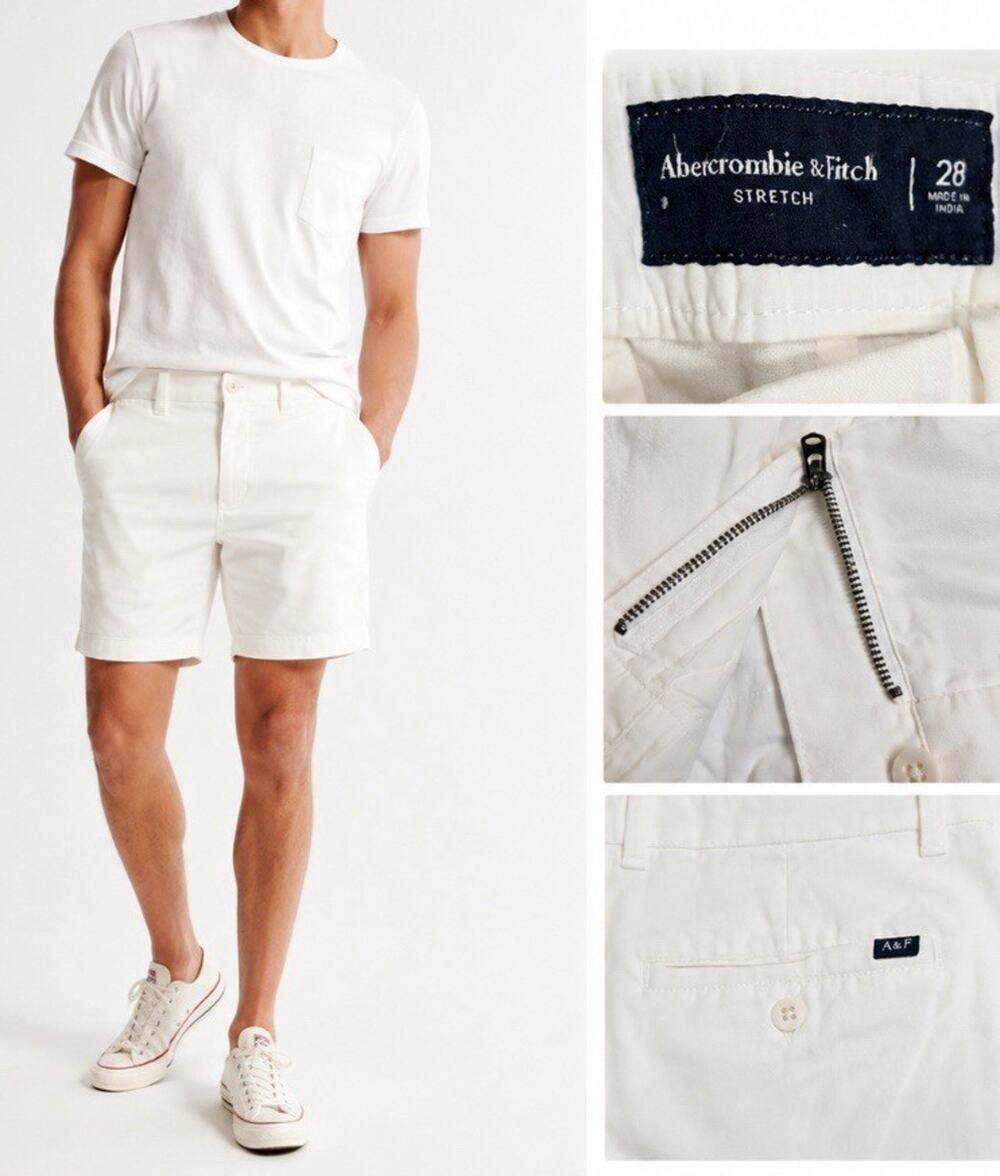 Preppy Abercrombie & Fitch Men's Flat Front Chino Shorts Size 28 White Stretch
